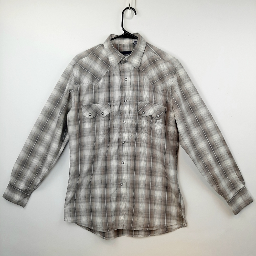 Classic Western Brand Men's Gray Plaid Pearl Snap Long Sleeve Shirt Size Medium